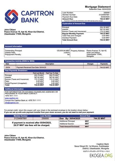 Modèle Word et PDF de relevé hypothécaire de la Capitron Bank de Mongolie